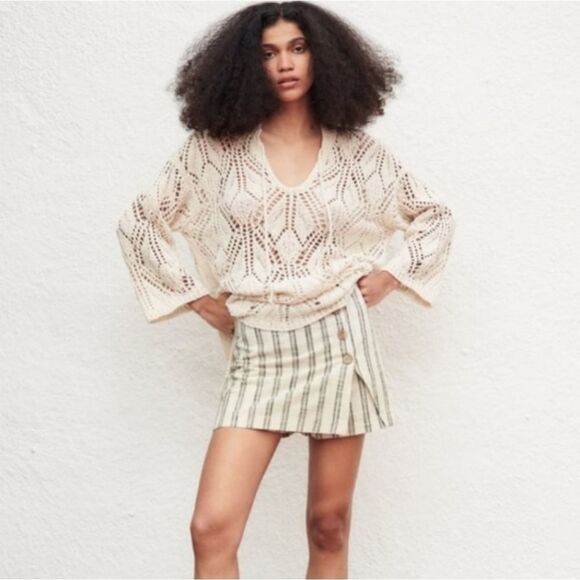 NWT Zara Cotton Linen Look Striped Ecru Button-Front High Waist Skort Skirt L - Picture 1 of 13